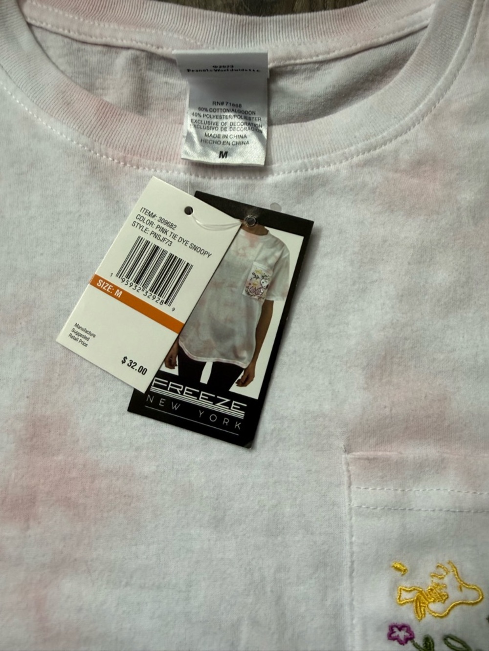 Peanuts Pink and White Tie-Dye Short Sleeve Tee with Embroidered Snoopy Pocket - Picture 4 of 7